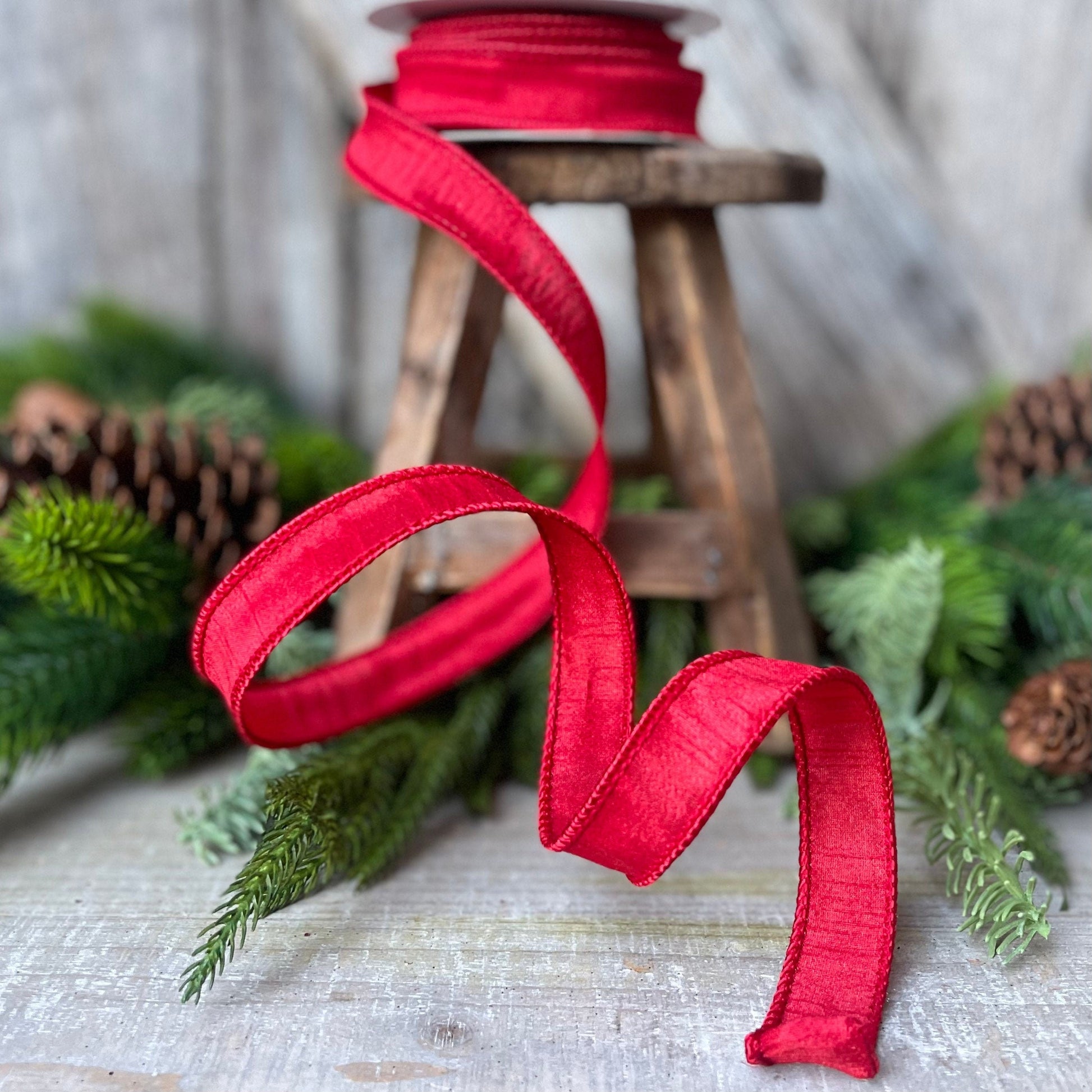 7/8&quot; Wired Ribbon, Red Ribbon, Dupioni Ribbon, Narrow Ribbon, Wreath Supply