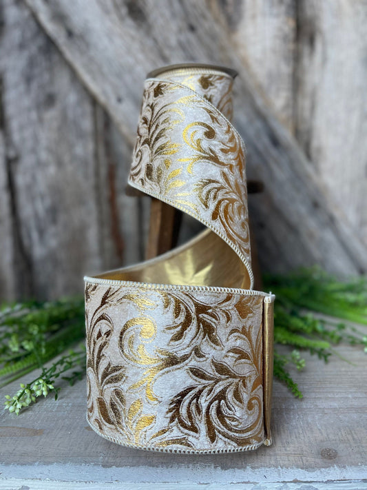 5 yards Florence Scroll ribbon, 4&quot; Gold Ribbon, Gold Scroll, Tree Ribbon, Wired Ribbon, Wreath Supply, Christmas Ribbon, gold velvet