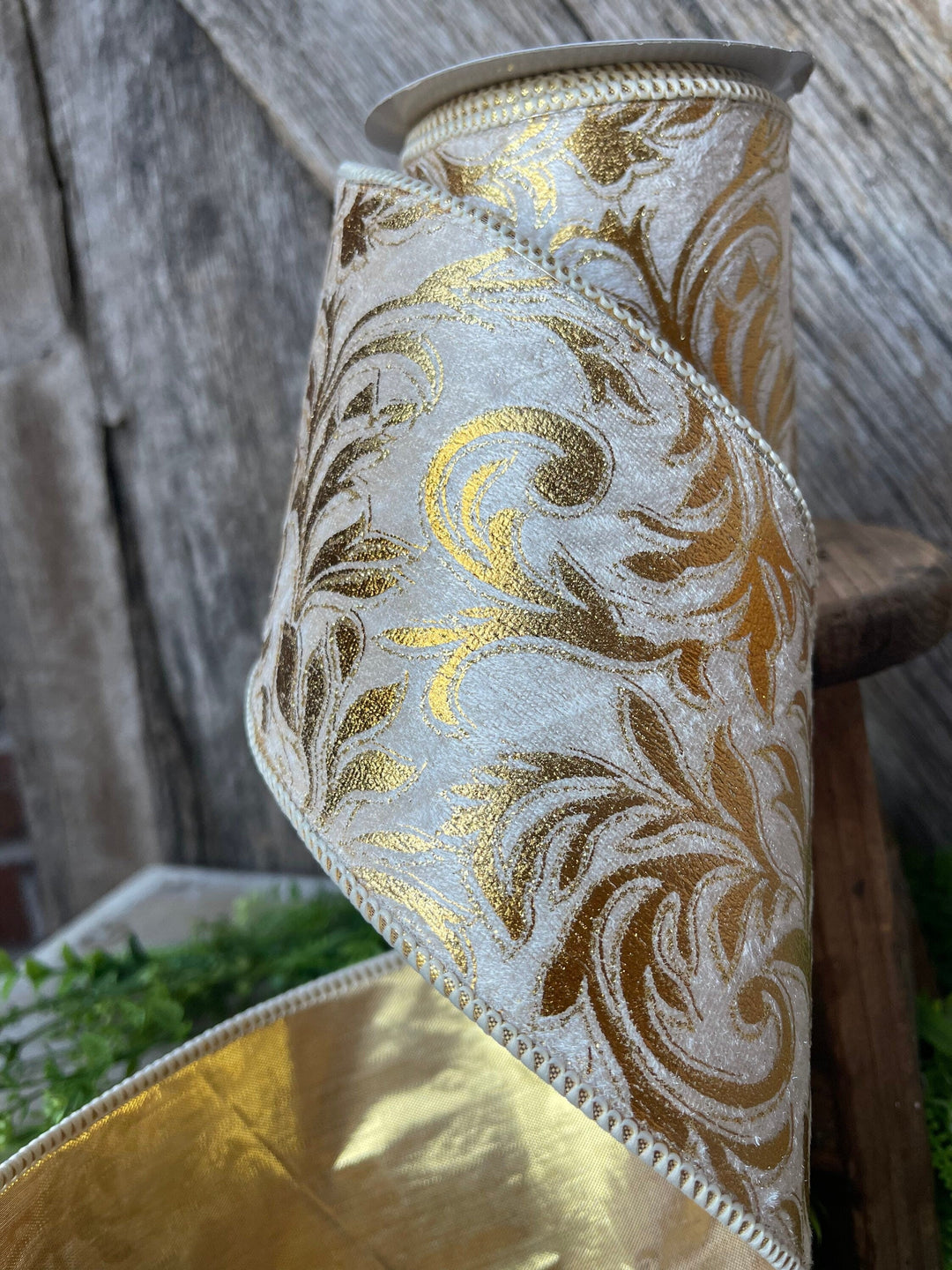 5 yards Florence Scroll ribbon, 4&amp;quot; Gold Ribbon, Gold Scroll, Tree Ribbon, Wired Ribbon, Wreath Supply, Christmas Ribbon, gold velvet