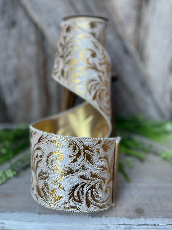 5 yards Florence Scroll ribbon, 4&amp;quot; Gold Ribbon, Gold Scroll, Tree Ribbon, Wired Ribbon, Wreath Supply, Christmas Ribbon, gold velvet