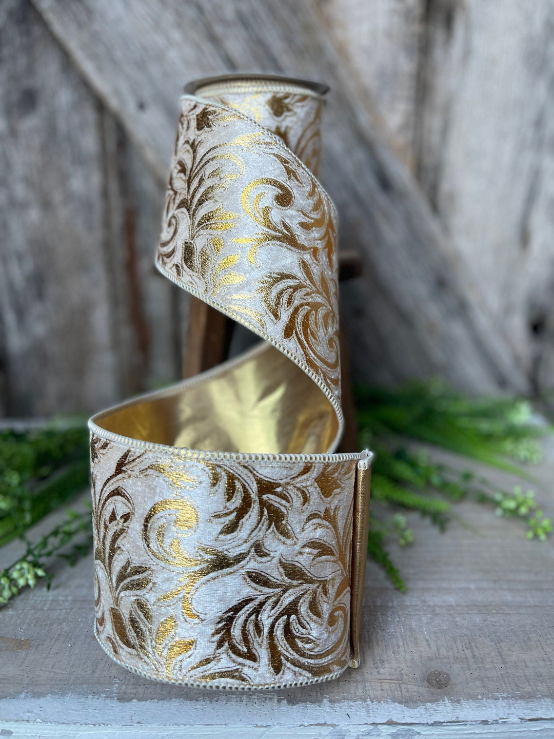 5 yards Florence Scroll ribbon, 4&amp;quot; Gold Ribbon, Gold Scroll, Tree Ribbon, Wired Ribbon, Wreath Supply, Christmas Ribbon, gold velvet