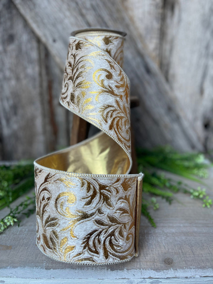 5 yards Florence Scroll ribbon, 4&amp;quot; Gold Ribbon, Gold Scroll, Tree Ribbon, Wired Ribbon, Wreath Supply, Christmas Ribbon, gold velvet