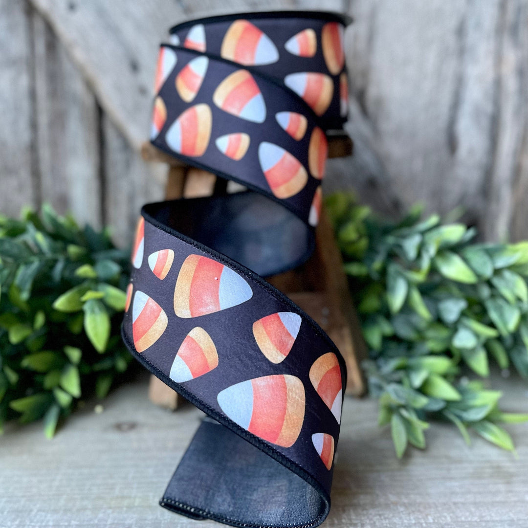 2.5&amp;quot; Candy Corn Wired Ribbon by Farrisilk, Halloween Ribbon, Candy Corn Decor, Wired Ribbon, Halloween Wreath Ribbon, Candy Corn Crafts