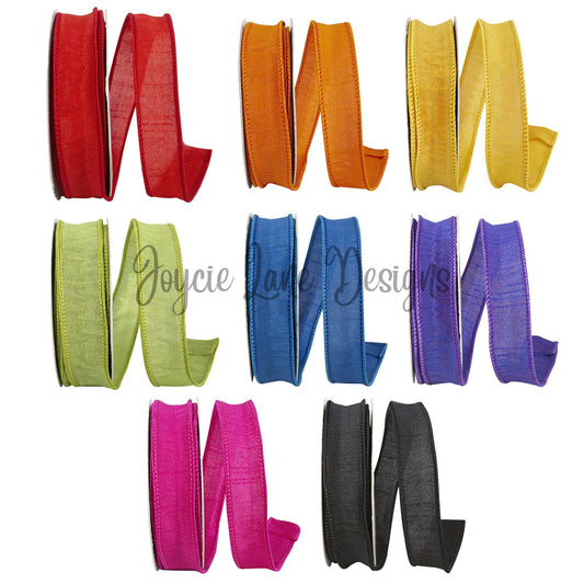 7/8&quot; Wired Ribbon, Dupioni Ribbon, Narrow Ribbon, Wreath Supply, Hot Pink, Red, Yellow, Orange, Blue, Black, Purple, Moss, Wired Ribbon