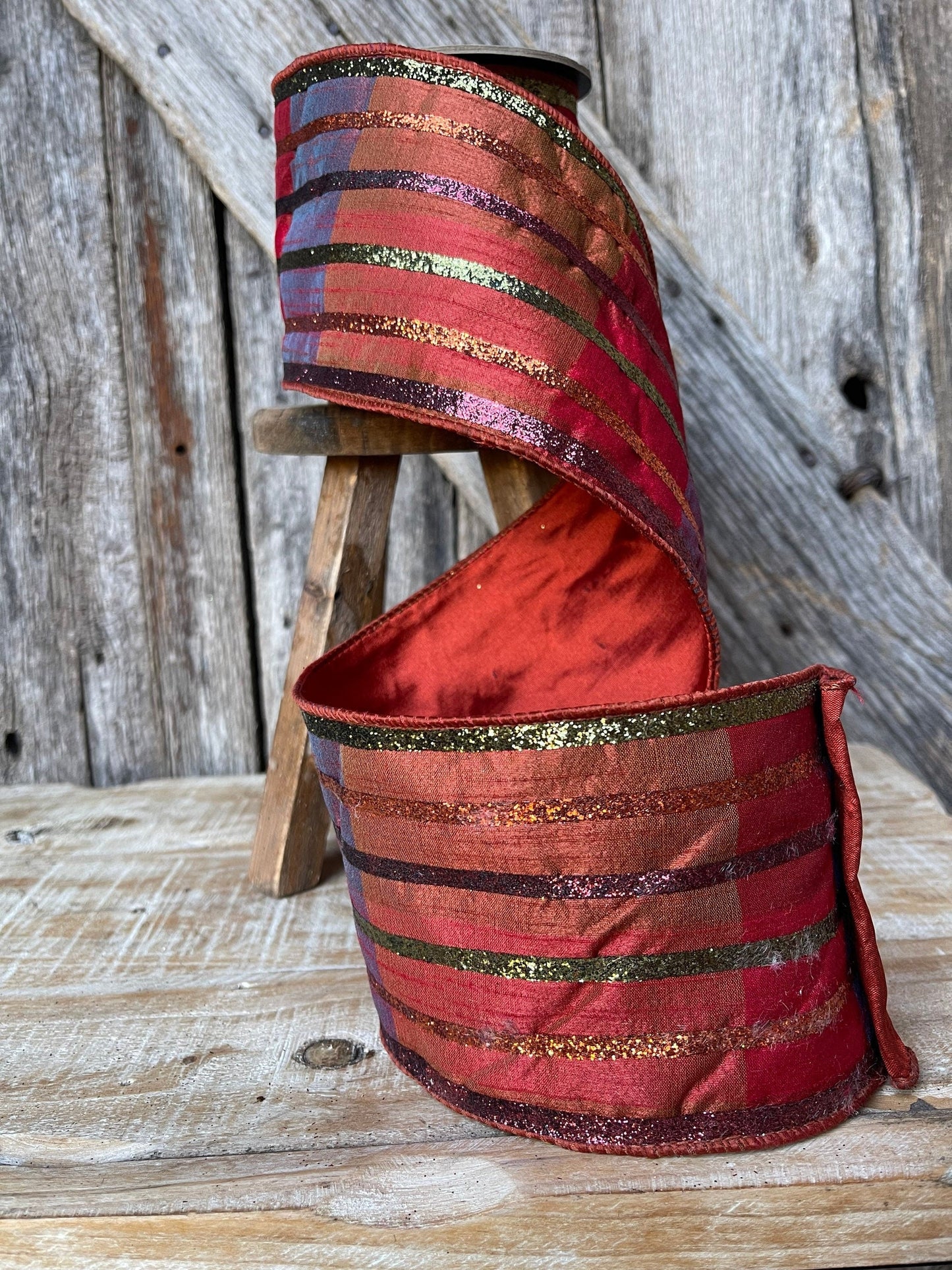 5 yards, glitter stripe ribbon, Fall plaid ribbon, glitter, ribbon, wired ribbon,  ribbon, 4 inch ribbon, d Stevens ribbon