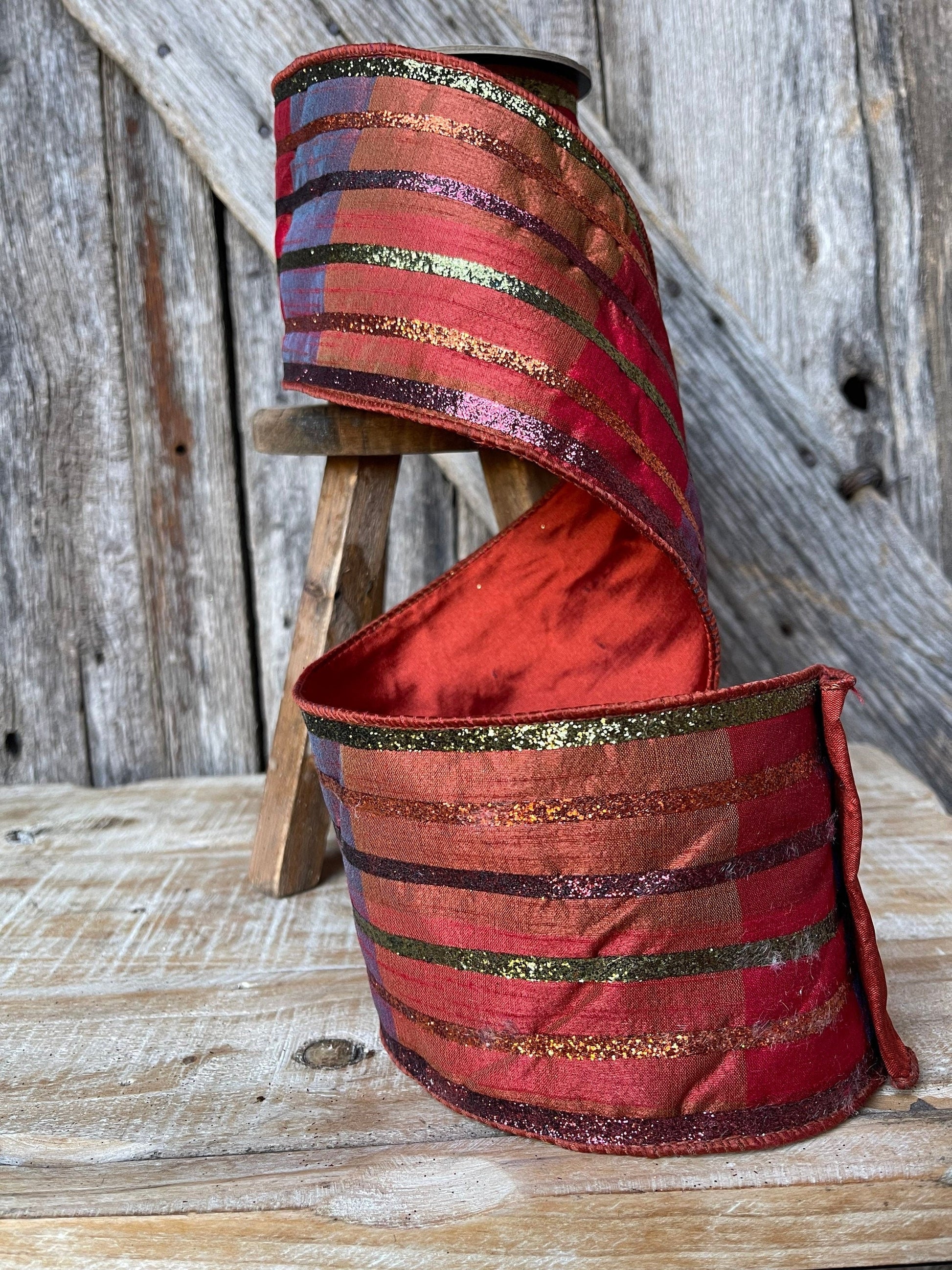 5 yards, glitter stripe ribbon, Fall plaid ribbon, glitter, ribbon, wired ribbon,  ribbon, 4 inch ribbon, d Stevens ribbon