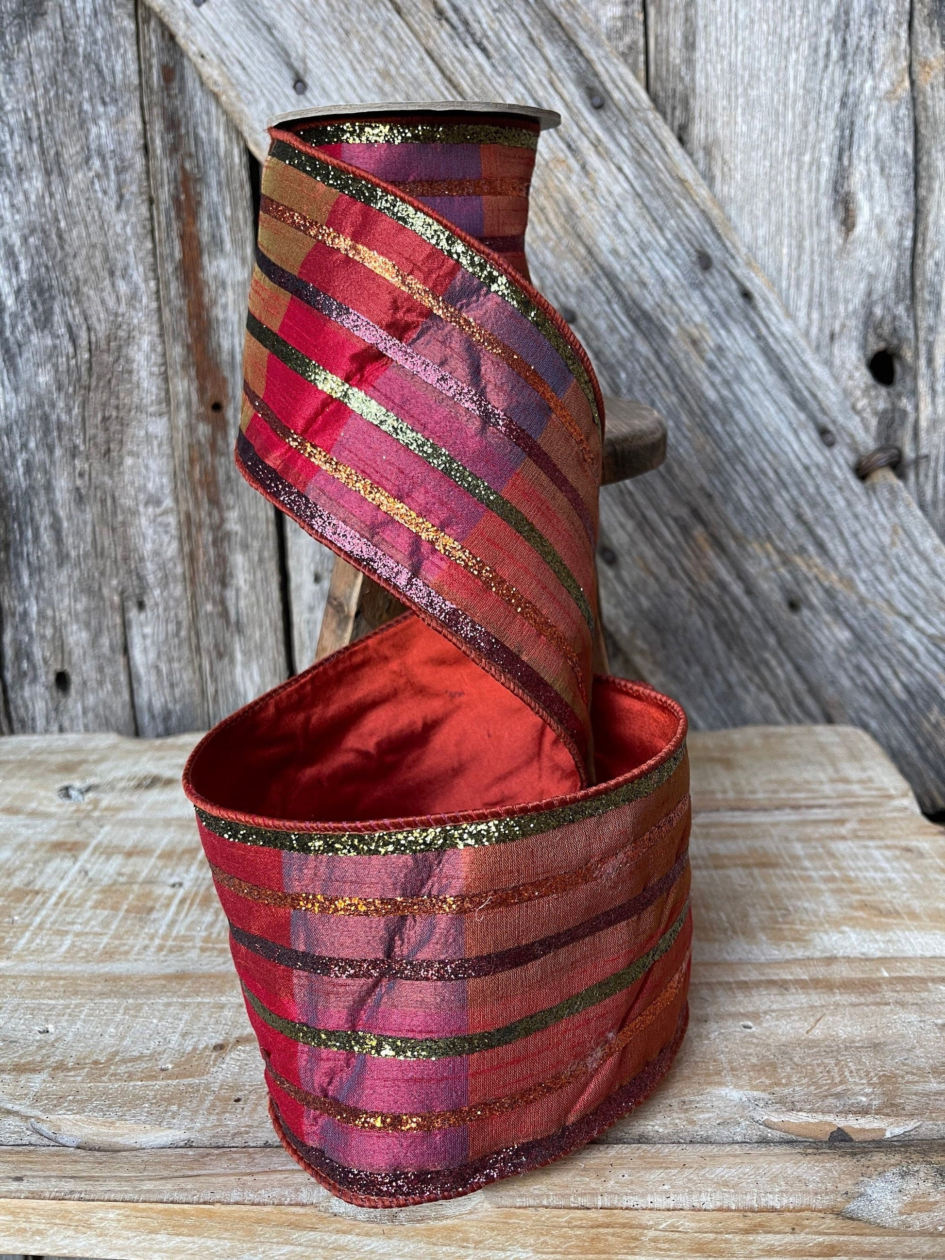 5 yards, glitter stripe ribbon, Fall plaid ribbon, glitter, ribbon, wired ribbon,  ribbon, 4 inch ribbon, d Stevens ribbon