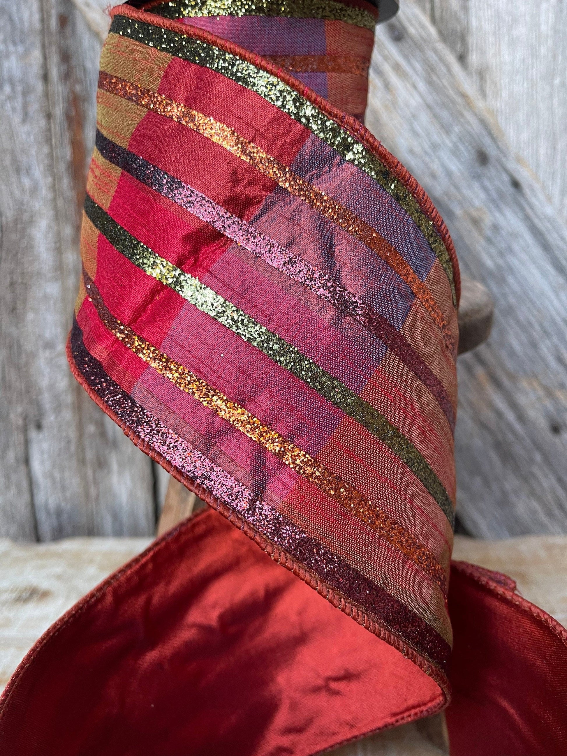 5 yards, glitter stripe ribbon, Fall plaid ribbon, glitter, ribbon, wired ribbon,  ribbon, 4 inch ribbon, d Stevens ribbon
