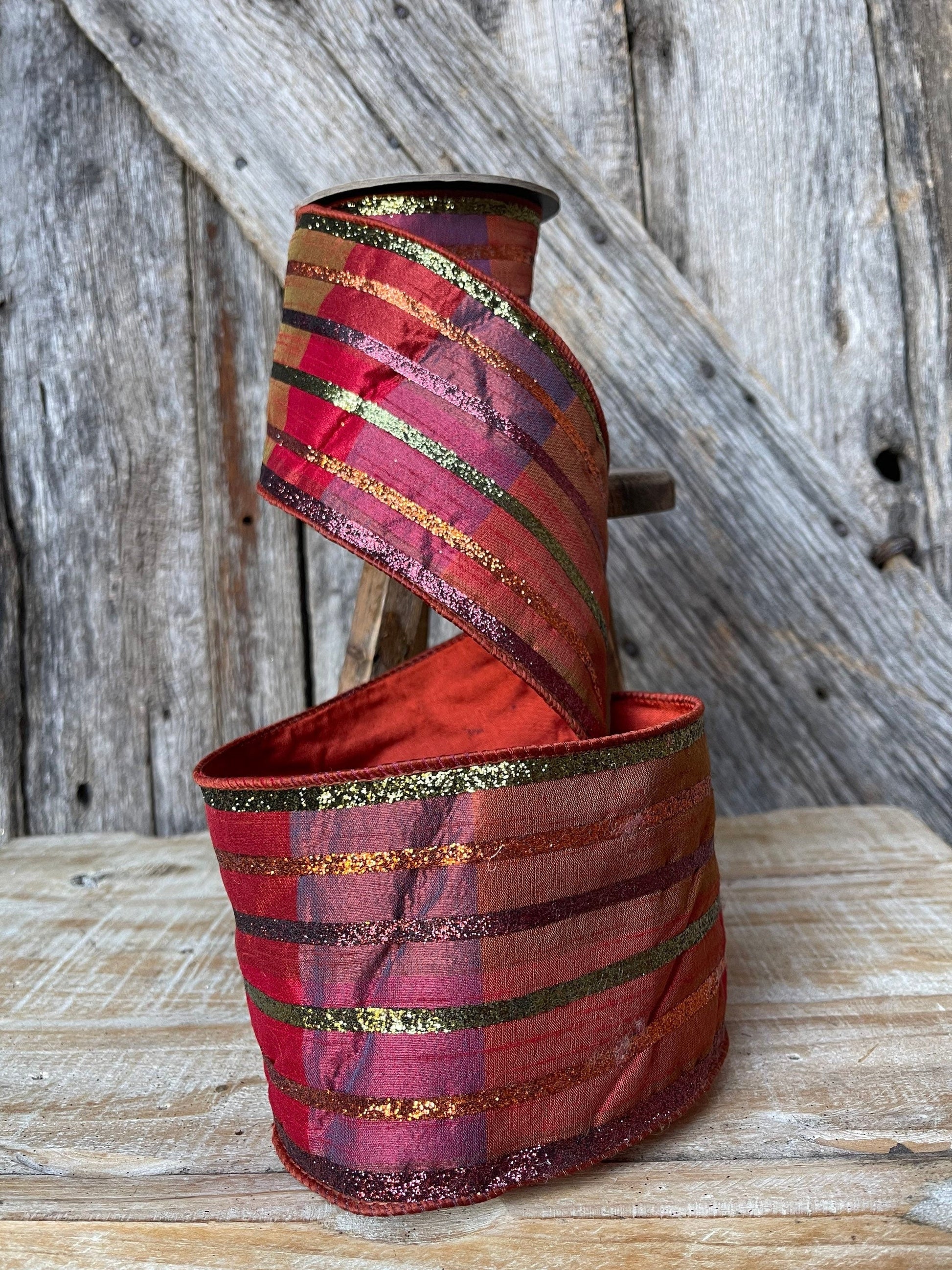 5 yards, glitter stripe ribbon, Fall plaid ribbon, glitter, ribbon, wired ribbon,  ribbon, 4 inch ribbon, d Stevens ribbon