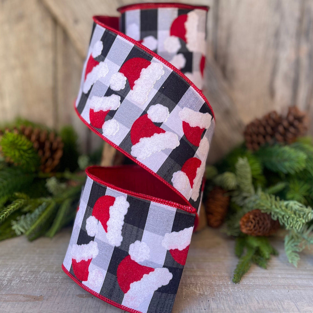 4&amp;quot; Santa Hats on Checks, Christmas Tree Ribbon, Black and White Checks, Farrisilk Ribbon, Wired RIbbon, Christmas Tree Ribbon, Santa Decor