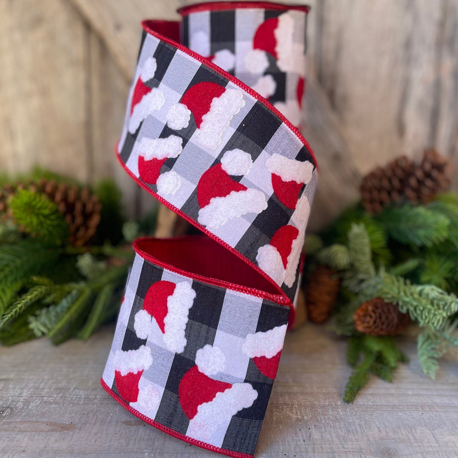 4&quot; Santa Hats on Checks, Christmas Tree Ribbon, Black and White Checks, Farrisilk Ribbon, Wired RIbbon, Christmas Tree Ribbon, Santa Decor