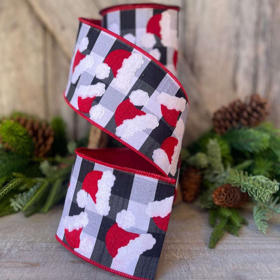4&amp;quot; Santa Hats on Checks, Christmas Tree Ribbon, Black and White Checks, Farrisilk Ribbon, Wired RIbbon, Christmas Tree Ribbon, Santa Decor