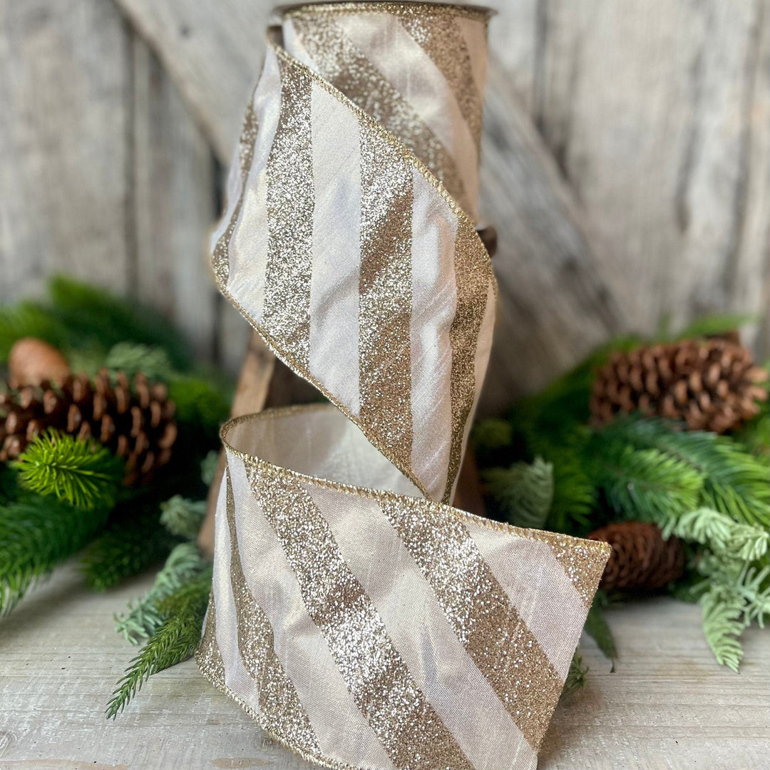 4&amp;quot; Platinum Diagonal Stripe Ribbon,  Champagne Gold 4 inch ribbon, christmas ribbon, luxury ribbon, Farrisilk ribbon, Christmas Tree Ribbon