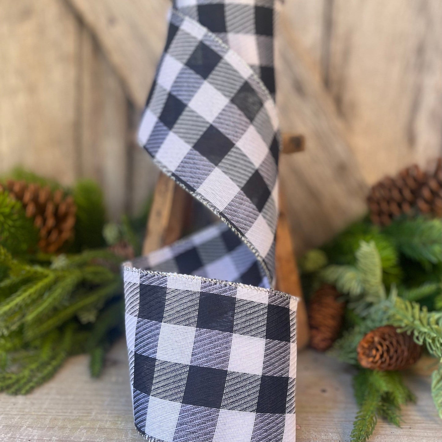 4" Black and White Gingham Check, Black and White Buffalo Plaid Ribbon, Wired Ribbon, Christmas Ribbon, Seasonal Ribbon, Christmas Tree