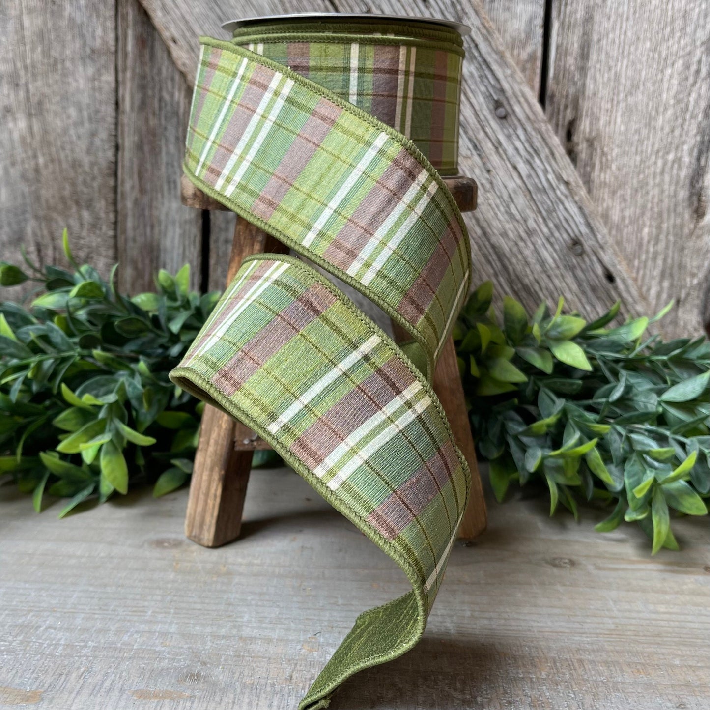 2.5" Green Moss and Brown Fall Plaid Ribbon, Woodsey Fall Ribbon, Farrisilk Ribbon