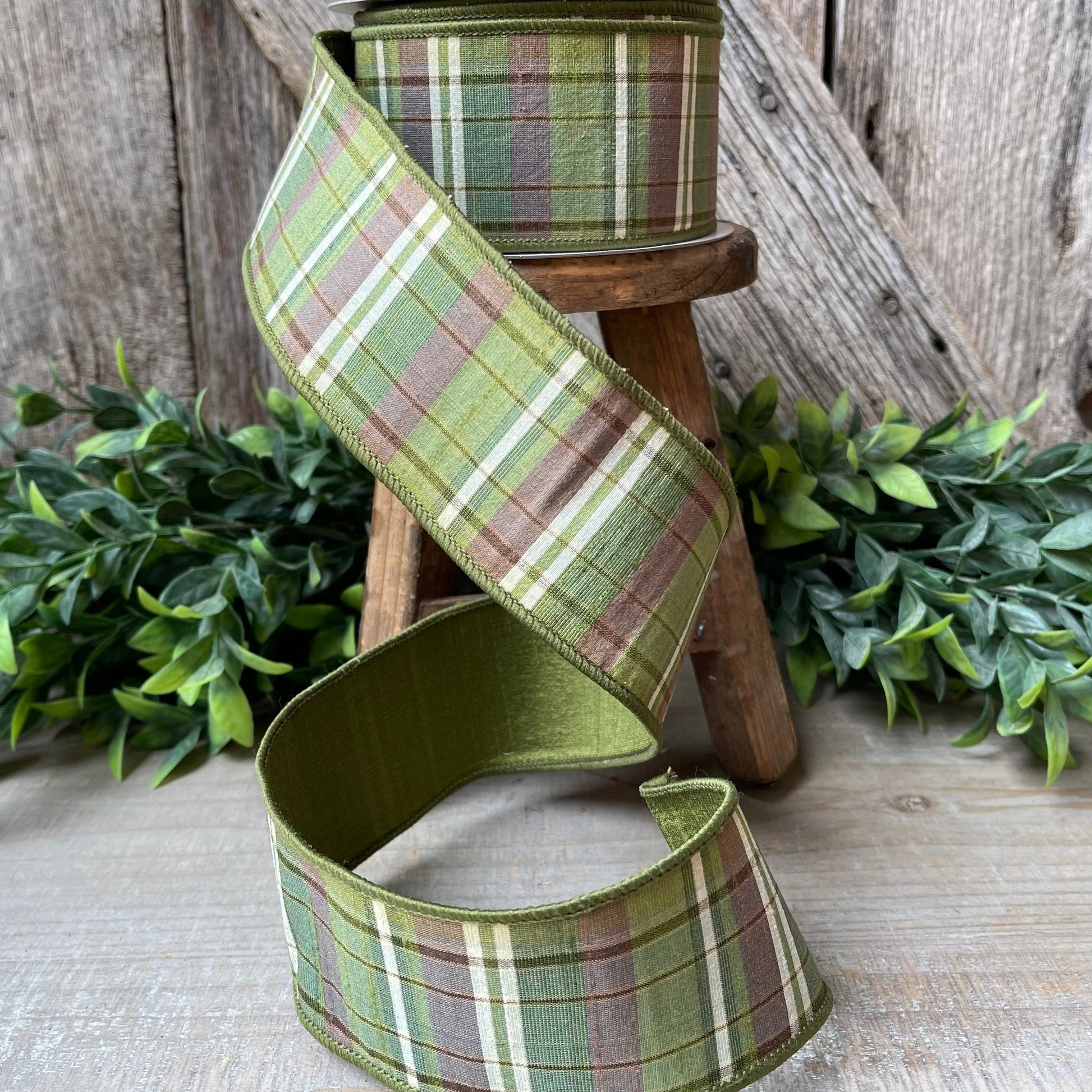 2.5" Green Moss and Brown Fall Plaid Ribbon, Woodsey Fall Ribbon, Farrisilk Ribbon