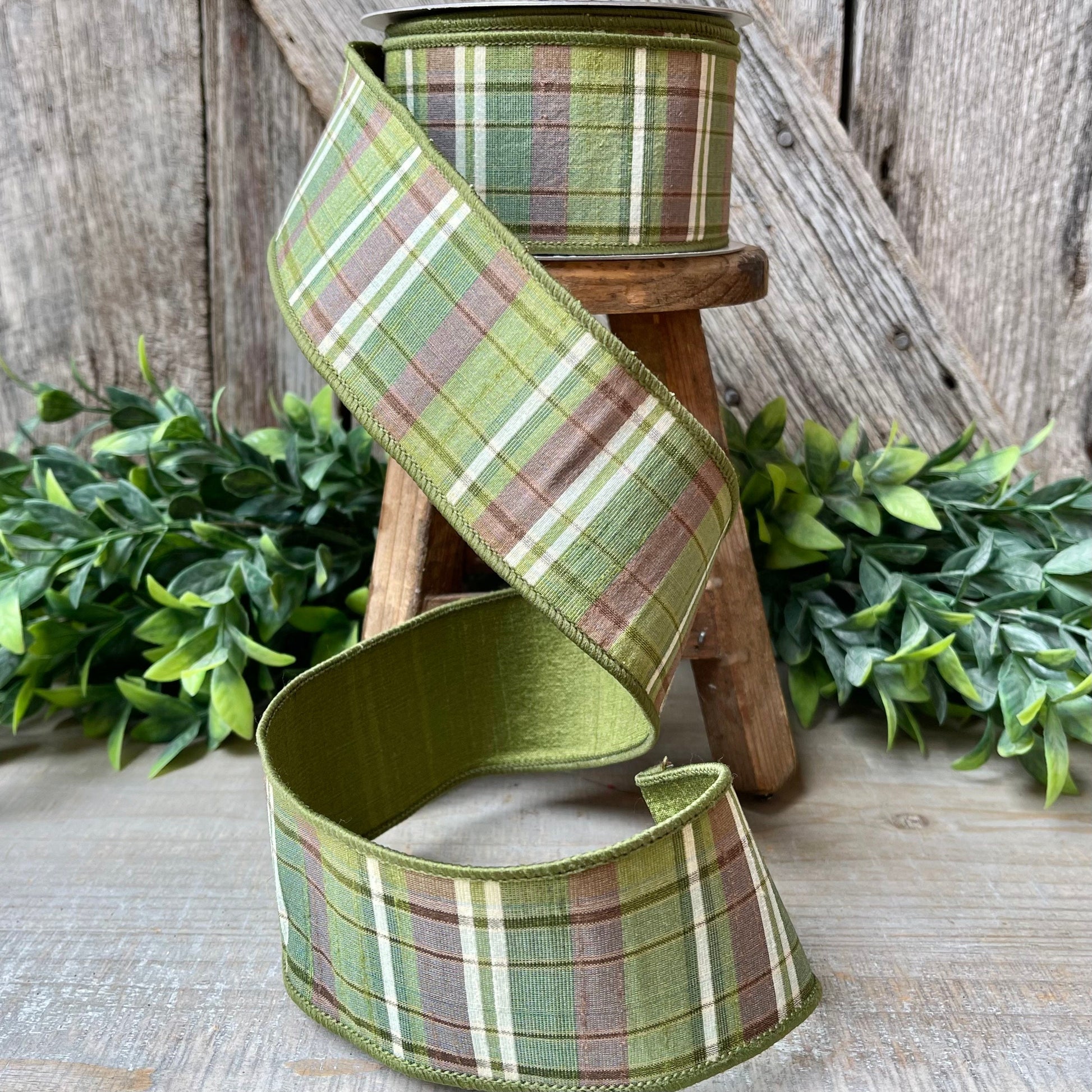 2.5" Green Moss and Brown Fall Plaid Ribbon, Woodsey Fall Ribbon, Farrisilk Ribbon