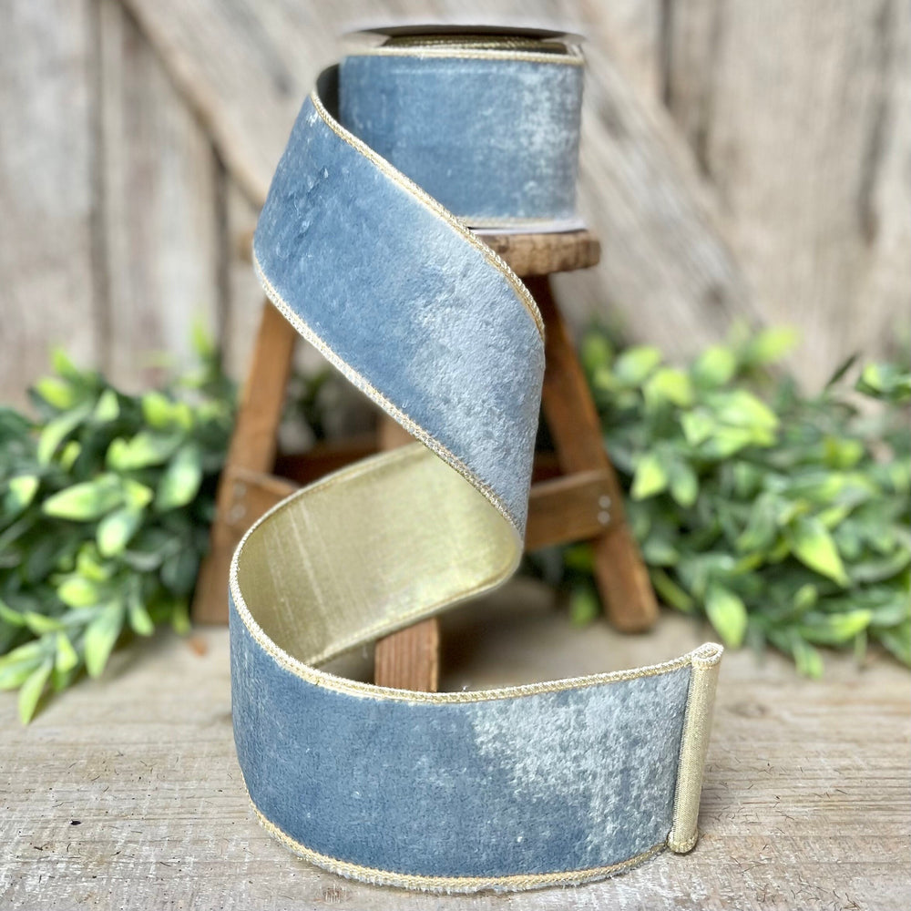 2.5" French Blue Velvet, Light Blue Velvet Ribbon, Wired Ribbon