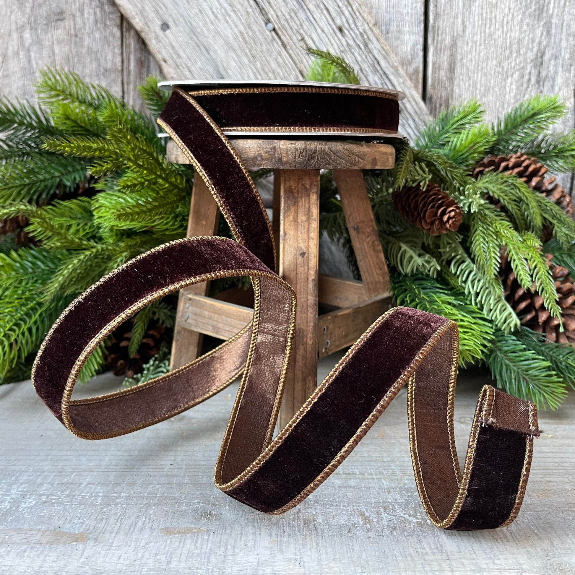 1”Chocolate Velvet Ribbon, Farrisilk ribbon, designer ribbon, 1 inch velvet, fall wired ribbon, wreath supply, craft supply