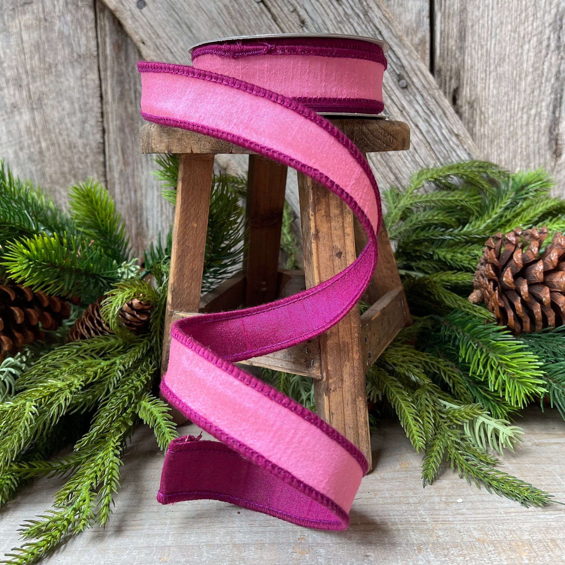 1" Pink Contrast Taffeta, Farrisilk Ribbon, Wired Ribbon