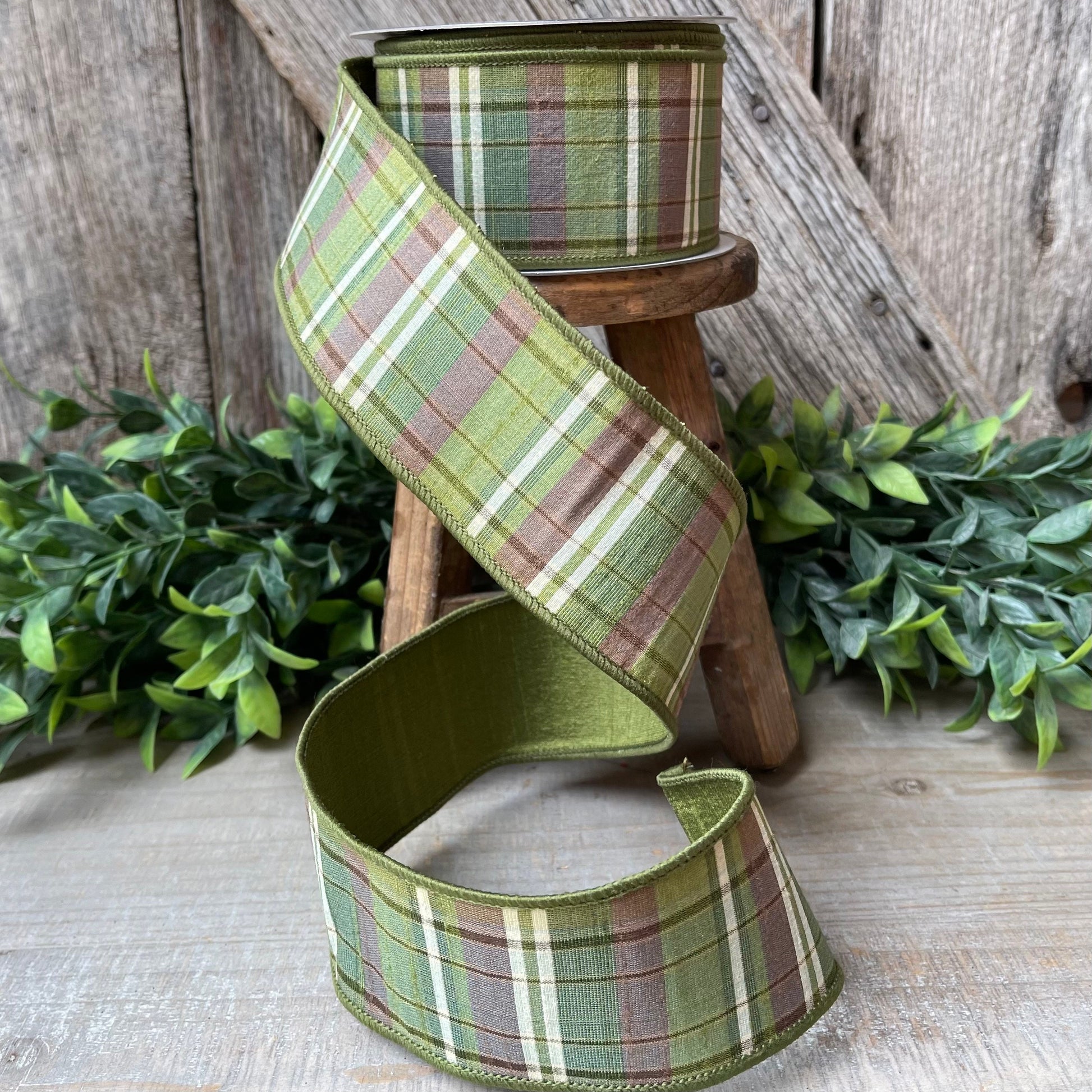 2.5" Green Moss and Brown Fall Plaid Ribbon, Woodsey Fall Ribbon, Farrisilk Ribbon