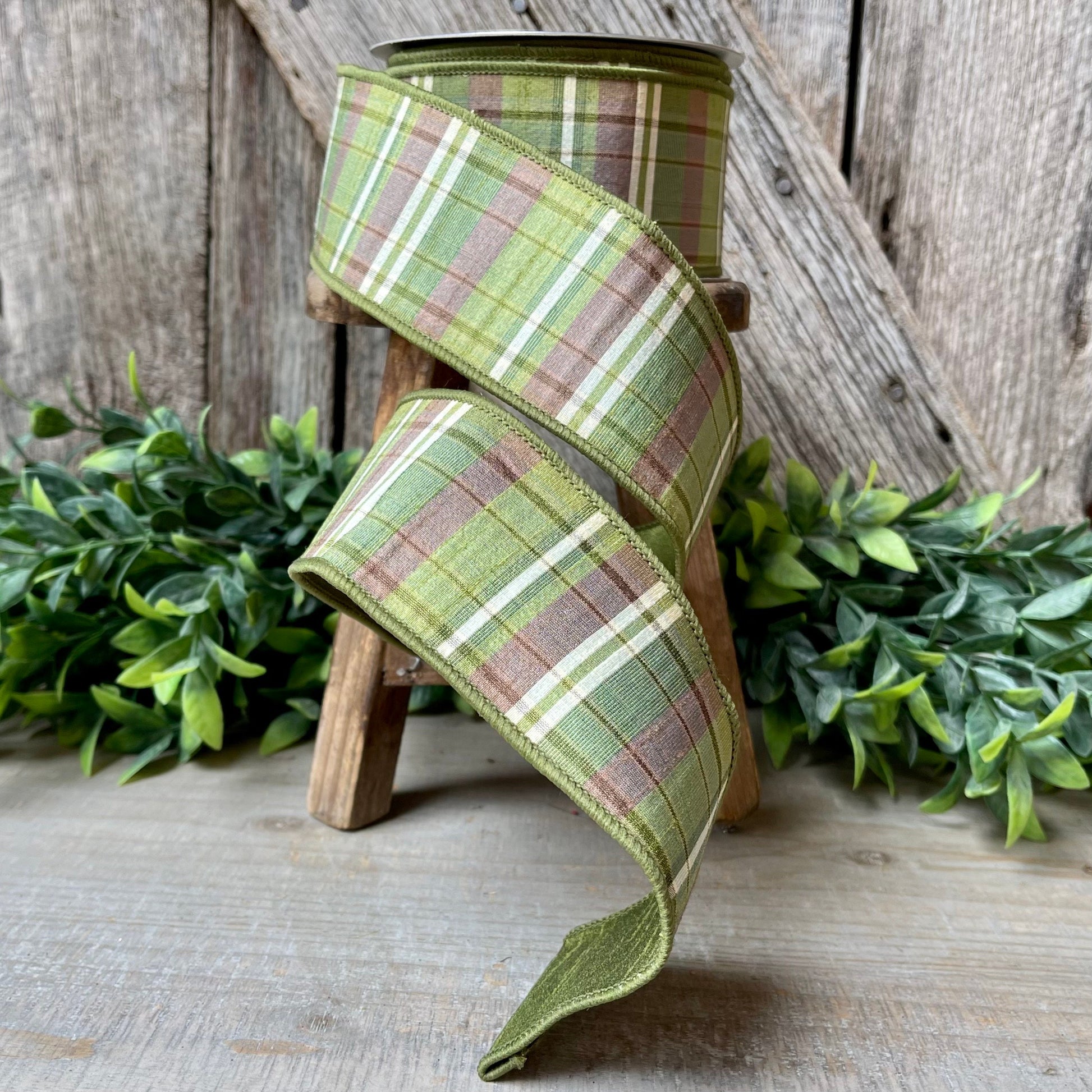 2.5" Green Moss and Brown Fall Plaid Ribbon, Woodsey Fall Ribbon, Farrisilk Ribbon