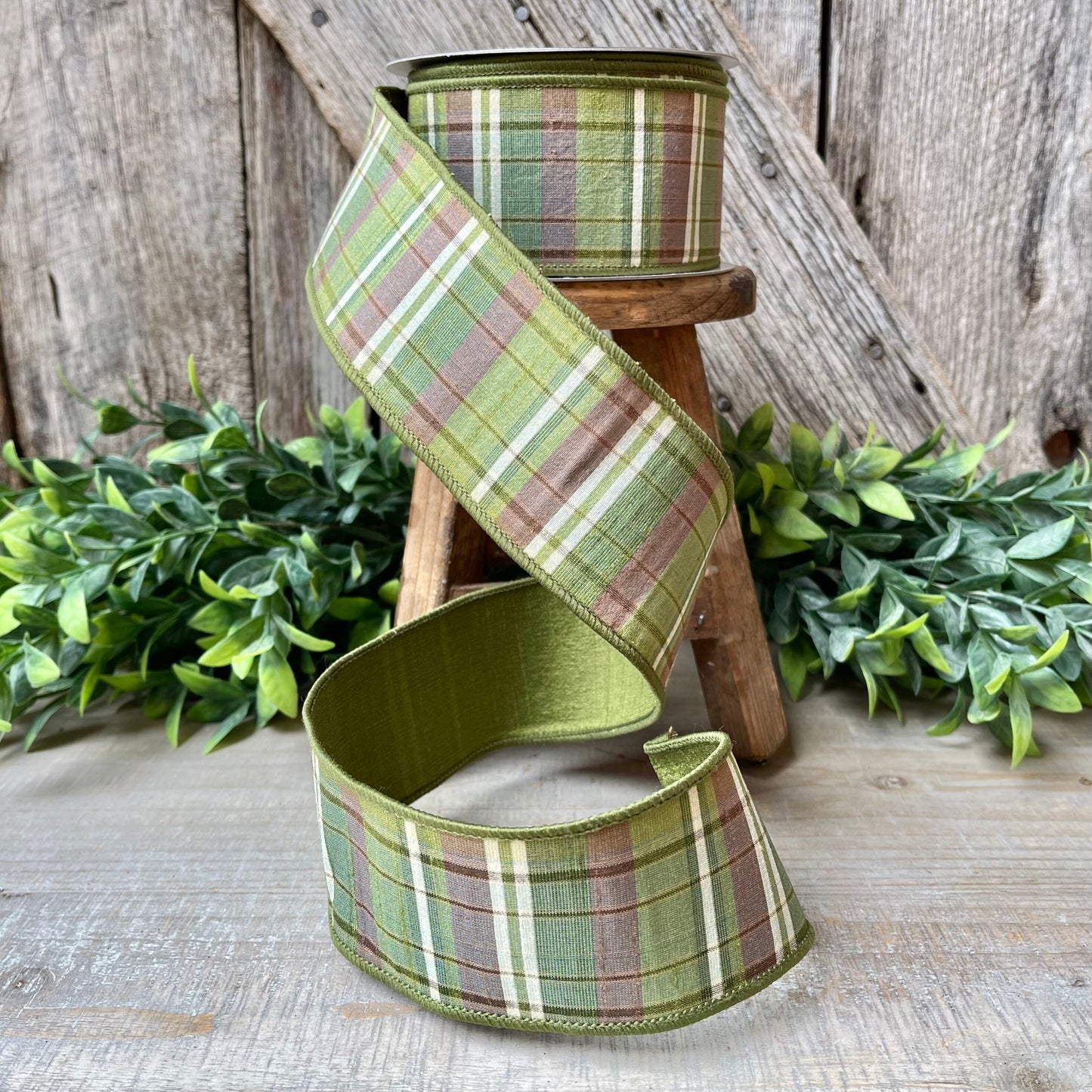 2.5" Green Moss and Brown Fall Plaid Ribbon, Woodsey Fall Ribbon, Farrisilk Ribbon