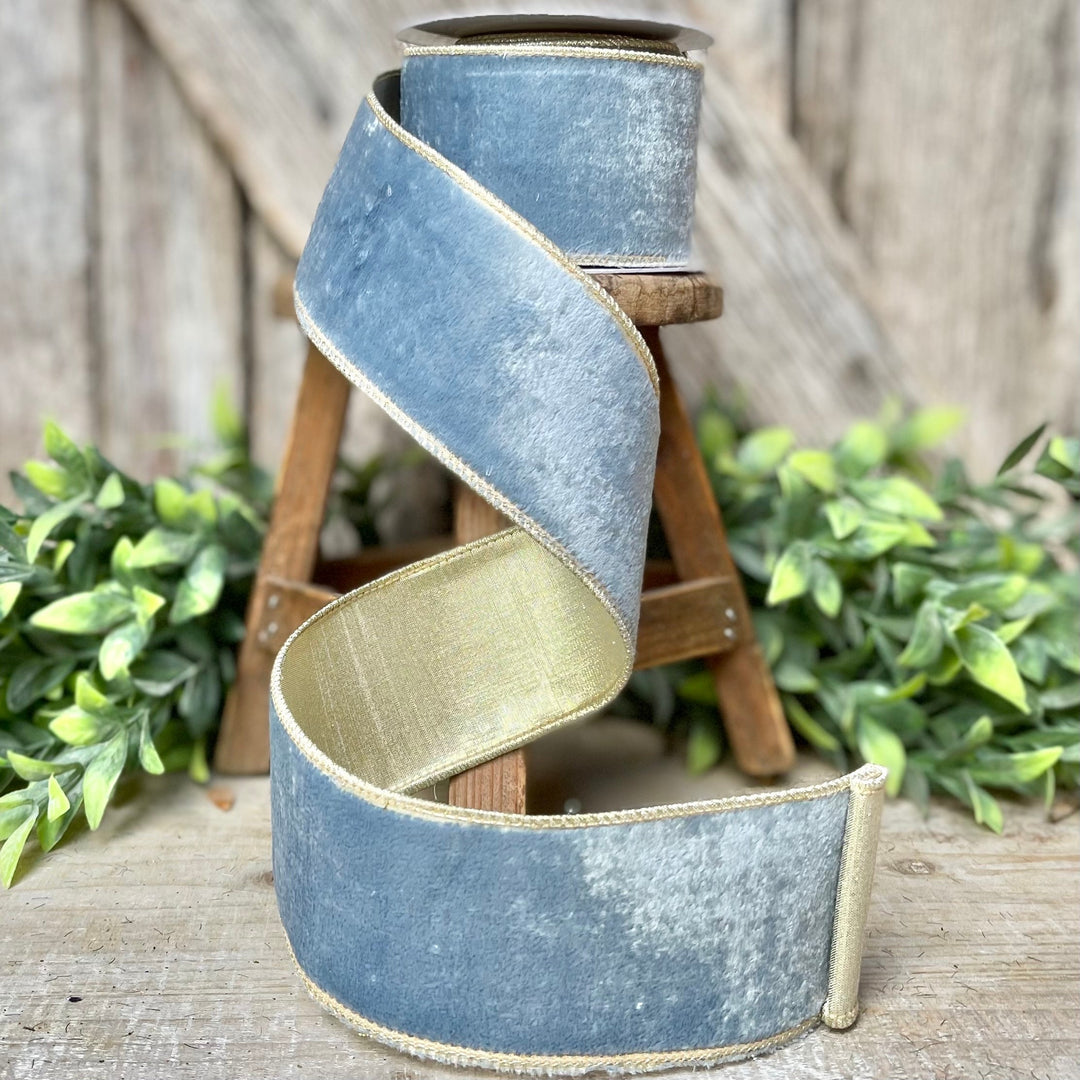 2.5" French Blue Velvet, Light Blue Velvet Ribbon, Wired Ribbon