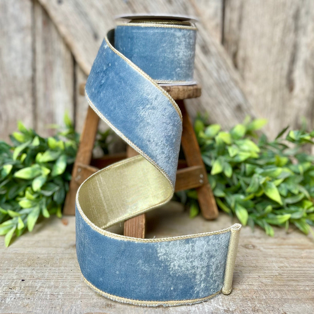 2.5" French Blue Velvet, Light Blue Velvet Ribbon, Wired Ribbon