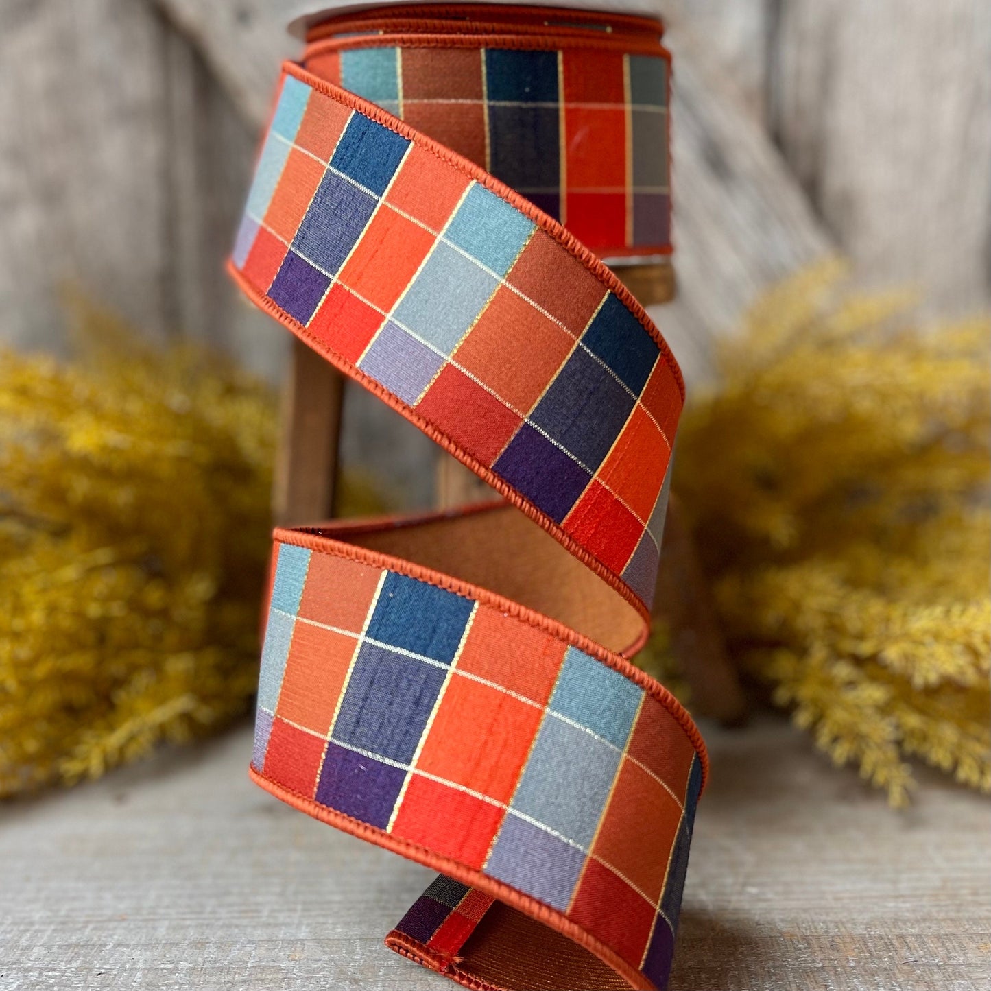 2.5" Orange Sedona Checks, Farrisilk Ribbon, Fall Ribbon