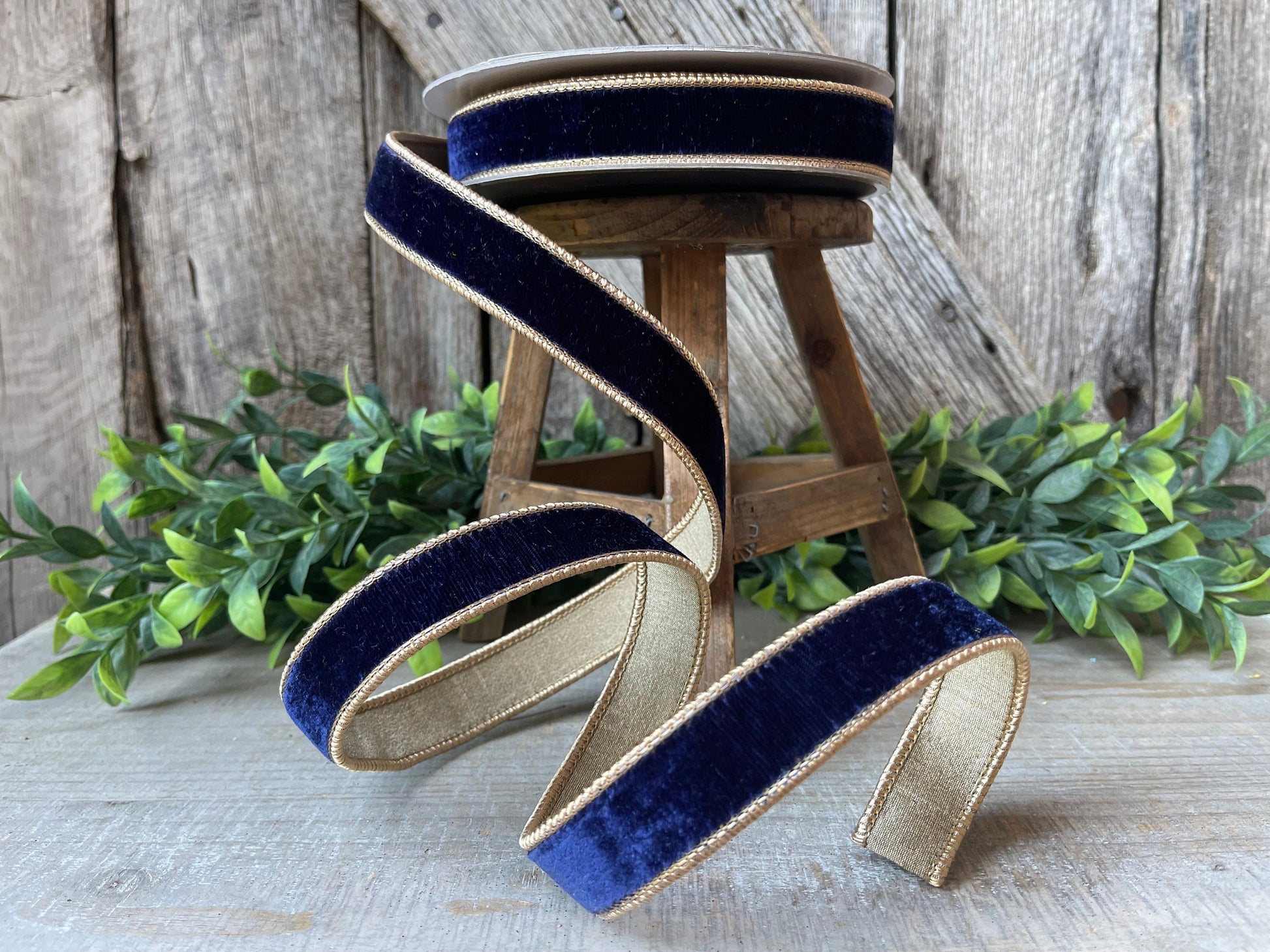 1" Navy Gold Two Tone Velvet RIbbon, Farrisilk Velvet Ribbon, Farrisilk