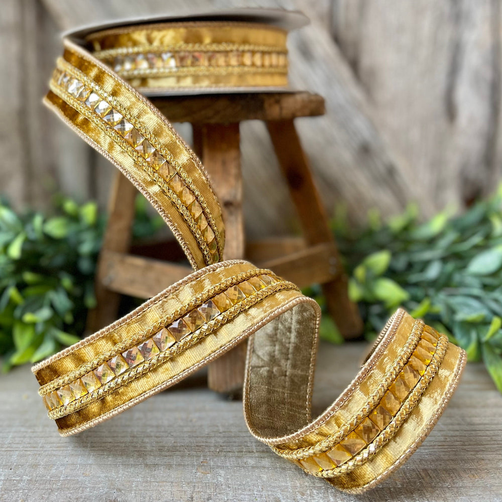 1.5" Gold Gemstones, Farrisilk, Gold Jeweled RIbbon