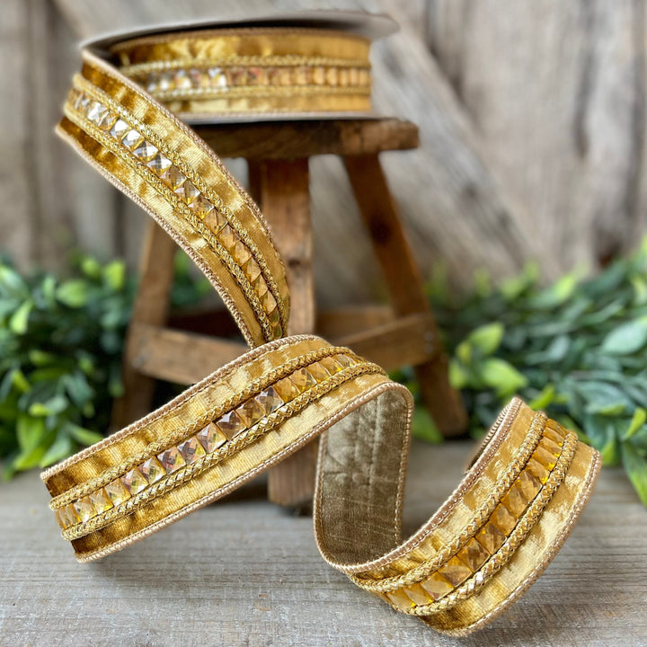 1.5" Gold Gemstones, Farrisilk, Gold Jeweled RIbbon