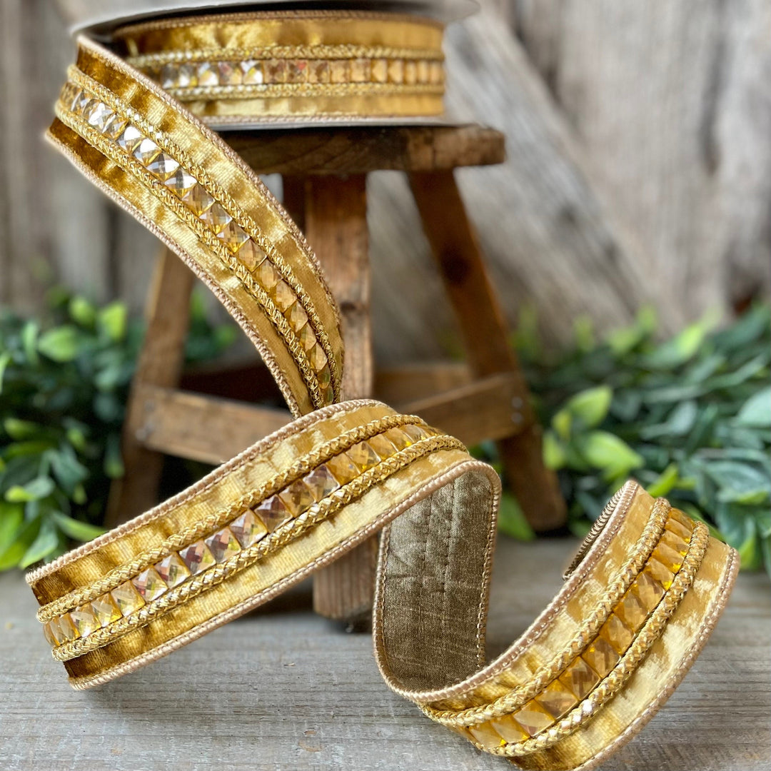 1.5" Gold Gemstones, Farrisilk, Gold Jeweled RIbbon