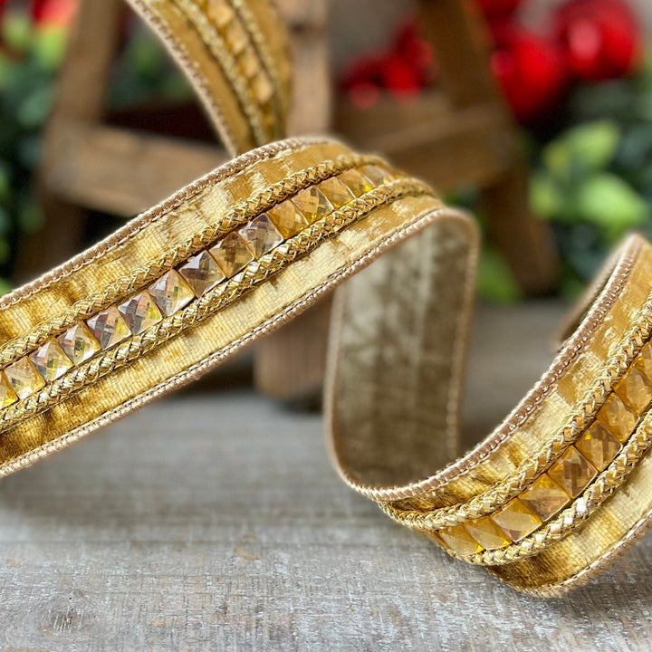 1.5" Gold Gemstones, Farrisilk, Gold Jeweled RIbbon