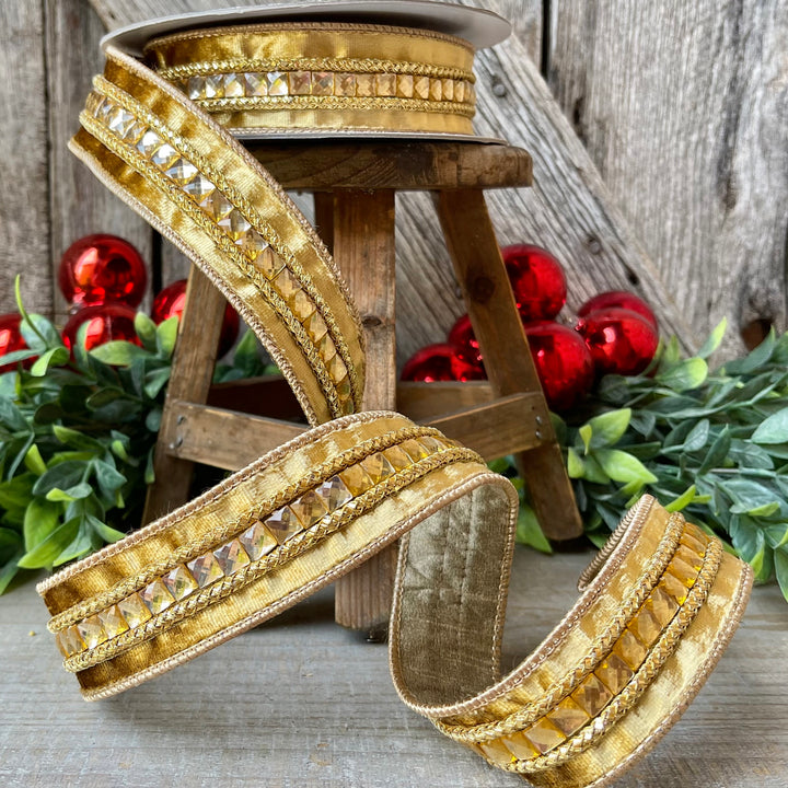 1.5" Gold Gemstones, Farrisilk, Gold Jeweled RIbbon