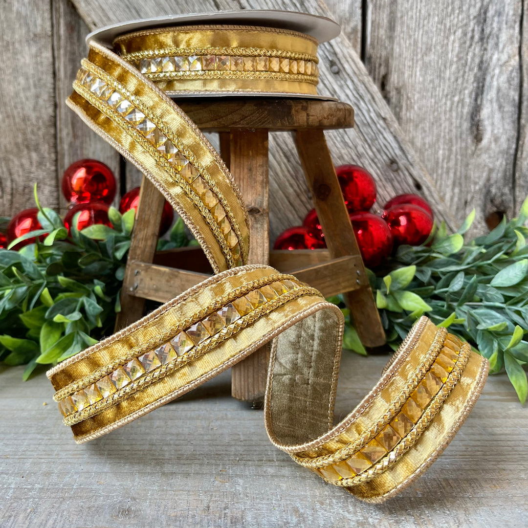 1.5" Gold Gemstones, Farrisilk, Gold Jeweled RIbbon