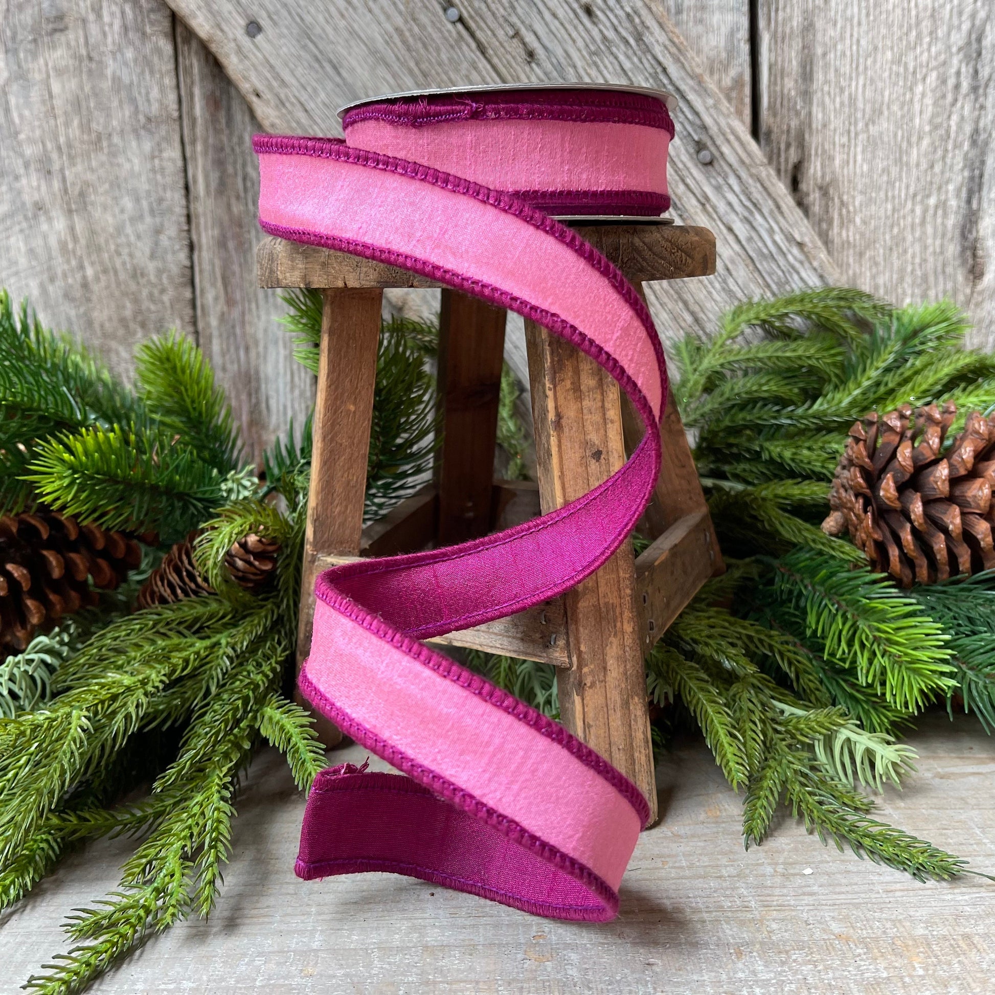 1" Pink Contrast Taffeta, Farrisilk Ribbon, Wired Ribbon