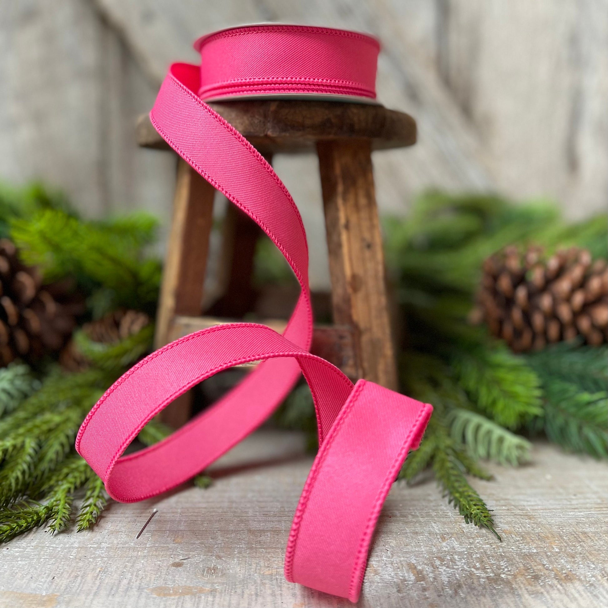 7/8" Hot Pink Double Weave Wired RIbbon, Narrow RIbbon, Wreath Supply