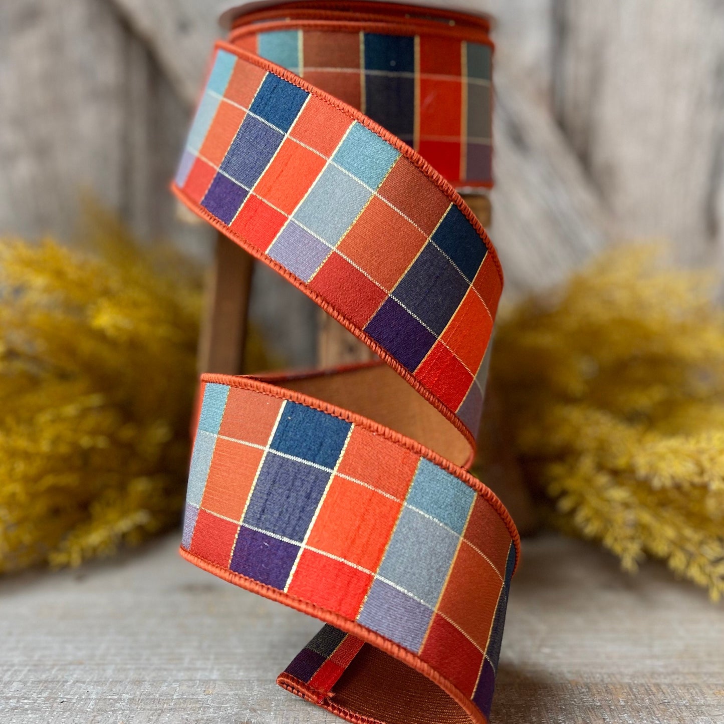 2.5" Orange Sedona Checks, Farrisilk Ribbon, Fall Ribbon