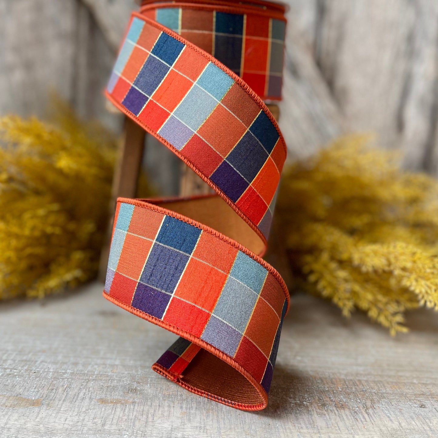 2.5" Orange Sedona Checks, Farrisilk Ribbon, Fall Ribbon