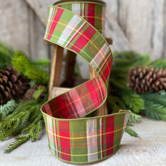2.5" Red Green Elfy Plaid by Farrisilk, Christmas Ribbon, Wired Ribbon
