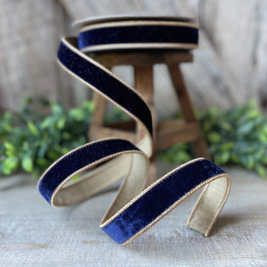 1" Navy Gold Two Tone Velvet RIbbon, Farrisilk Velvet Ribbon, Farrisilk