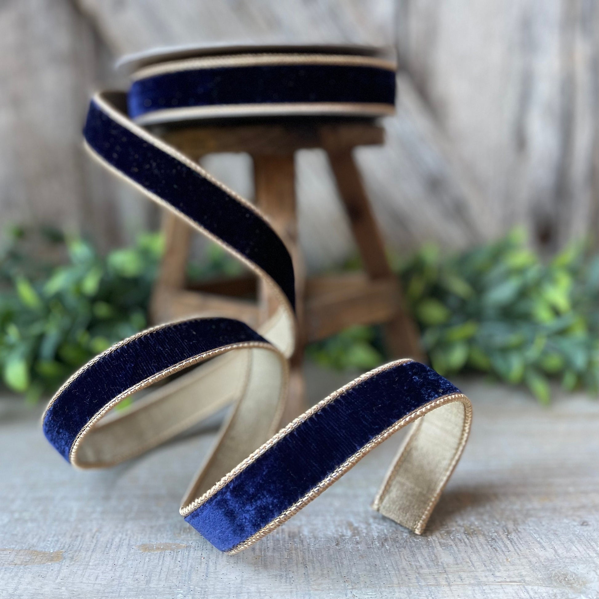 1" Navy Gold Two Tone Velvet RIbbon, Farrisilk Velvet Ribbon, Farrisilk