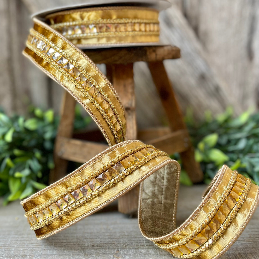 1.5" Gold Gemstones, Farrisilk, Gold Jeweled RIbbon