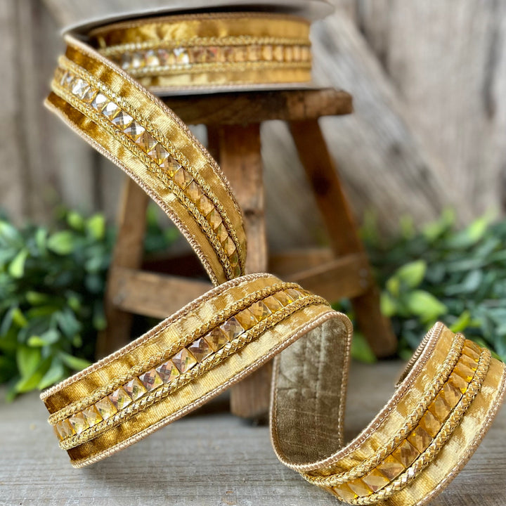 1.5" Gold Gemstones, Farrisilk, Gold Jeweled RIbbon