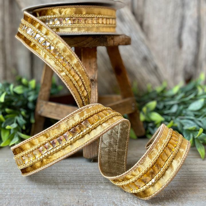 1.5" Gold Gemstones, Farrisilk, Gold Jeweled RIbbon