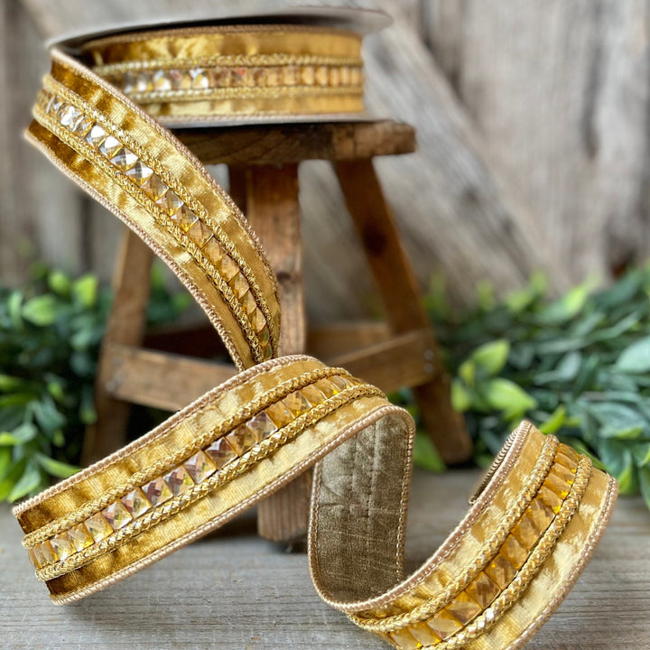1.5" Gold Gemstones, Farrisilk, Gold Jeweled RIbbon