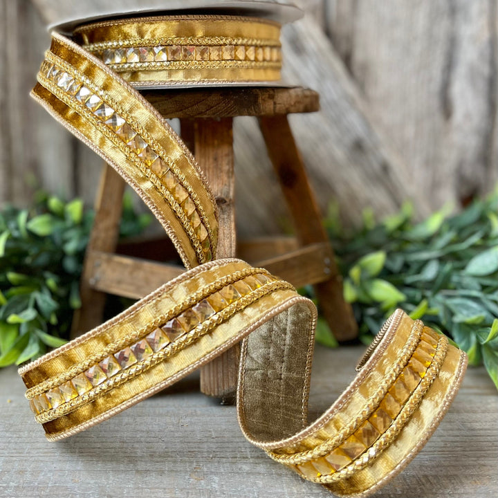 1.5" Gold Gemstones, Farrisilk, Gold Jeweled RIbbon