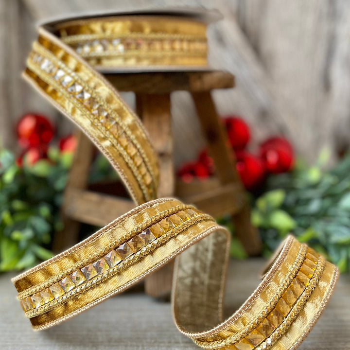 1.5" Gold Gemstones, Farrisilk, Gold Jeweled RIbbon
